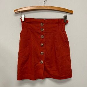 Favlux Women Small Rusty Orange Paperbag Buttoned Front Skirt High Waist Pockets